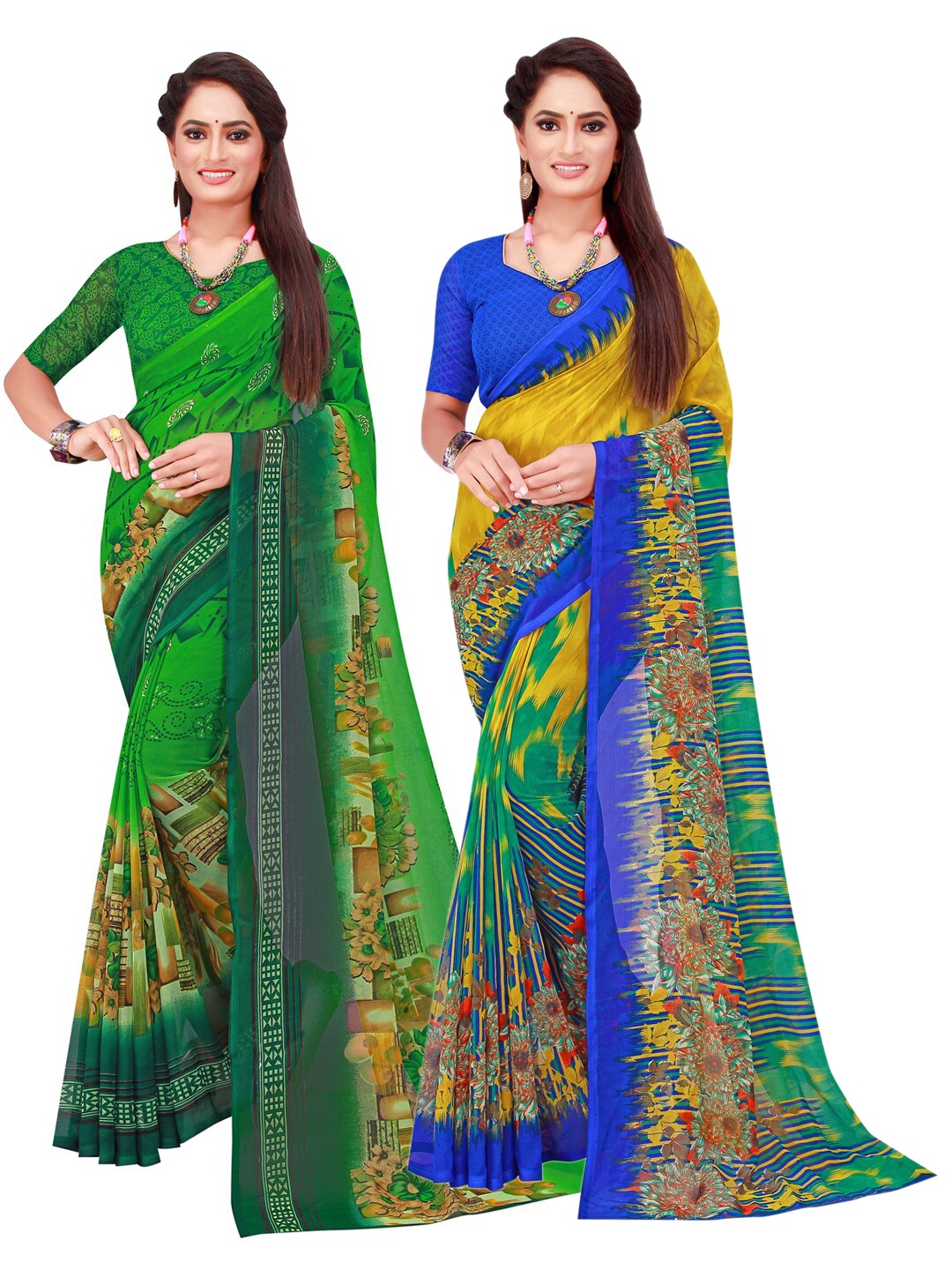 

KALINI Multicoloured & Green Pack Of 2 Pure Georgette Sarees, Multi