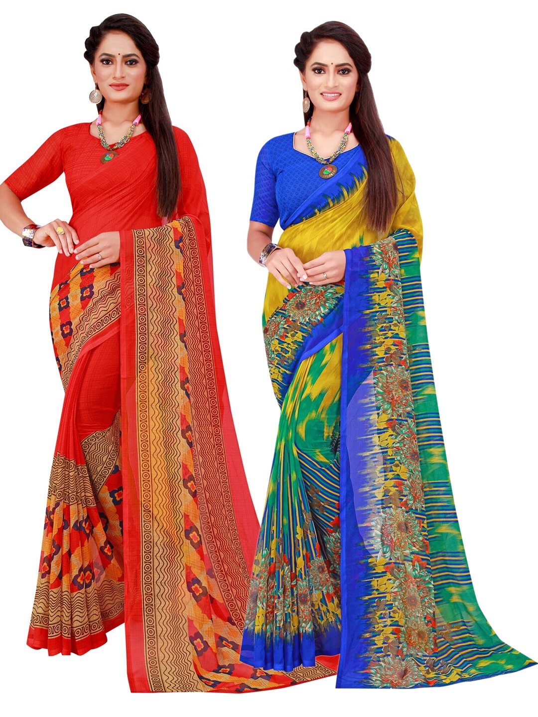 

KALINI Red & Multicoloured Floral Pack Of 2 Georgette Sarees