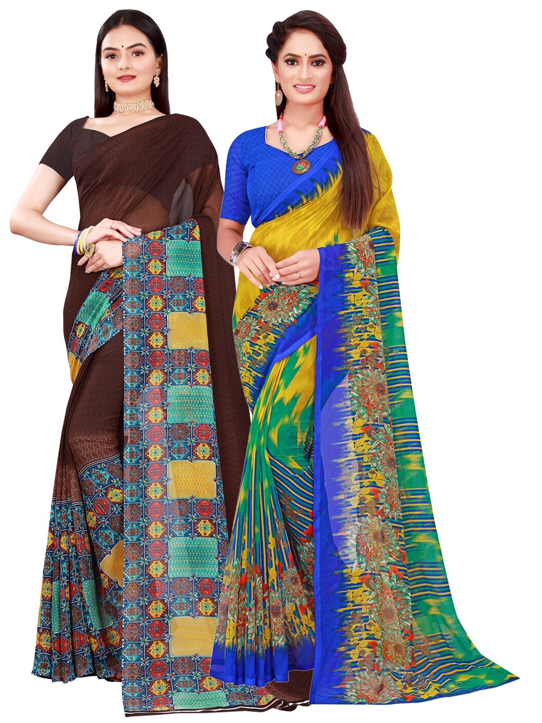 

KALINI Brown & Multicoloured Pack Of 2 Pure Georgette Sarees