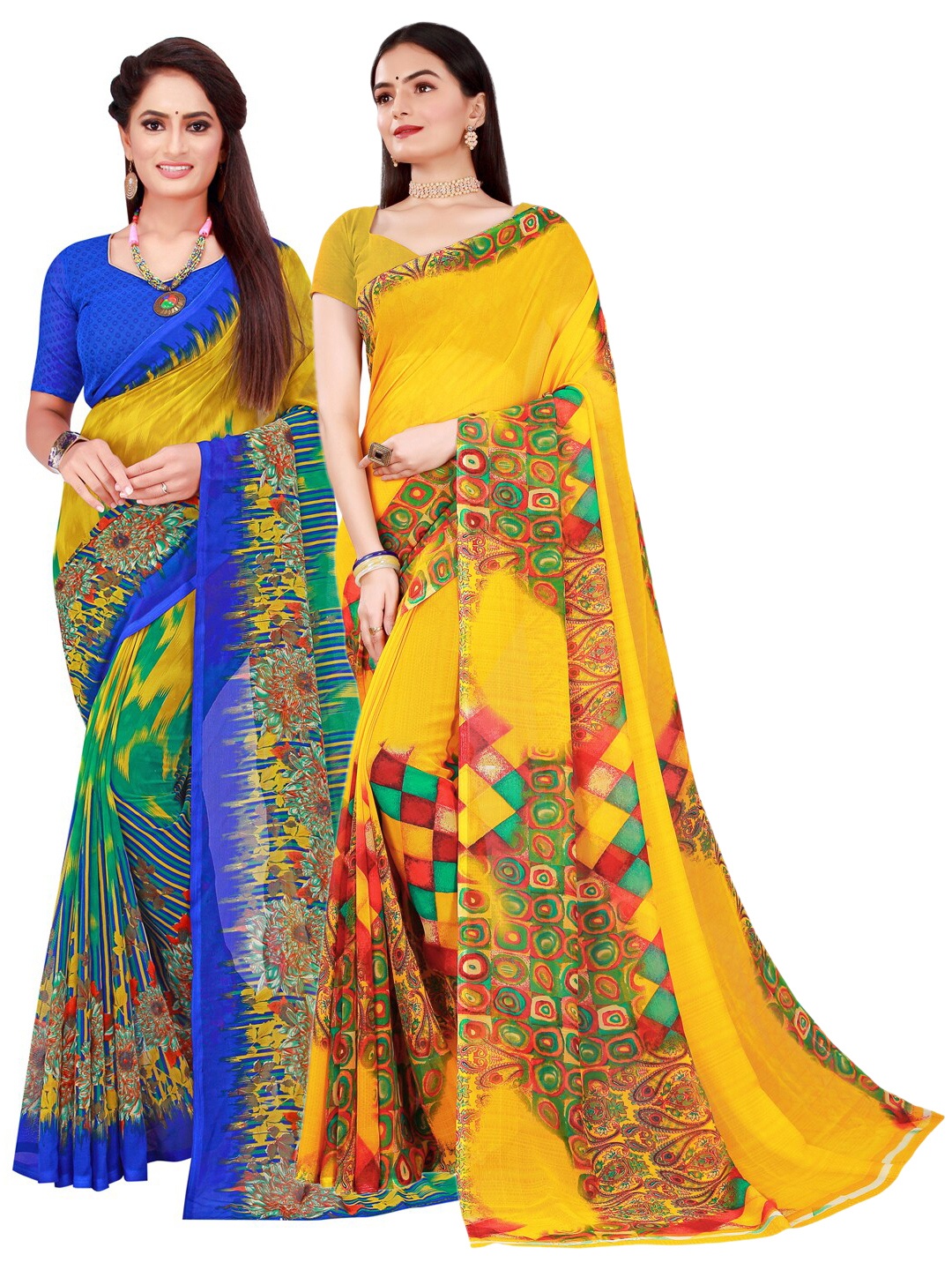 

KALINI Multicoloured & Yellow Pack Of 2 Pure Georgette Sarees, Multi