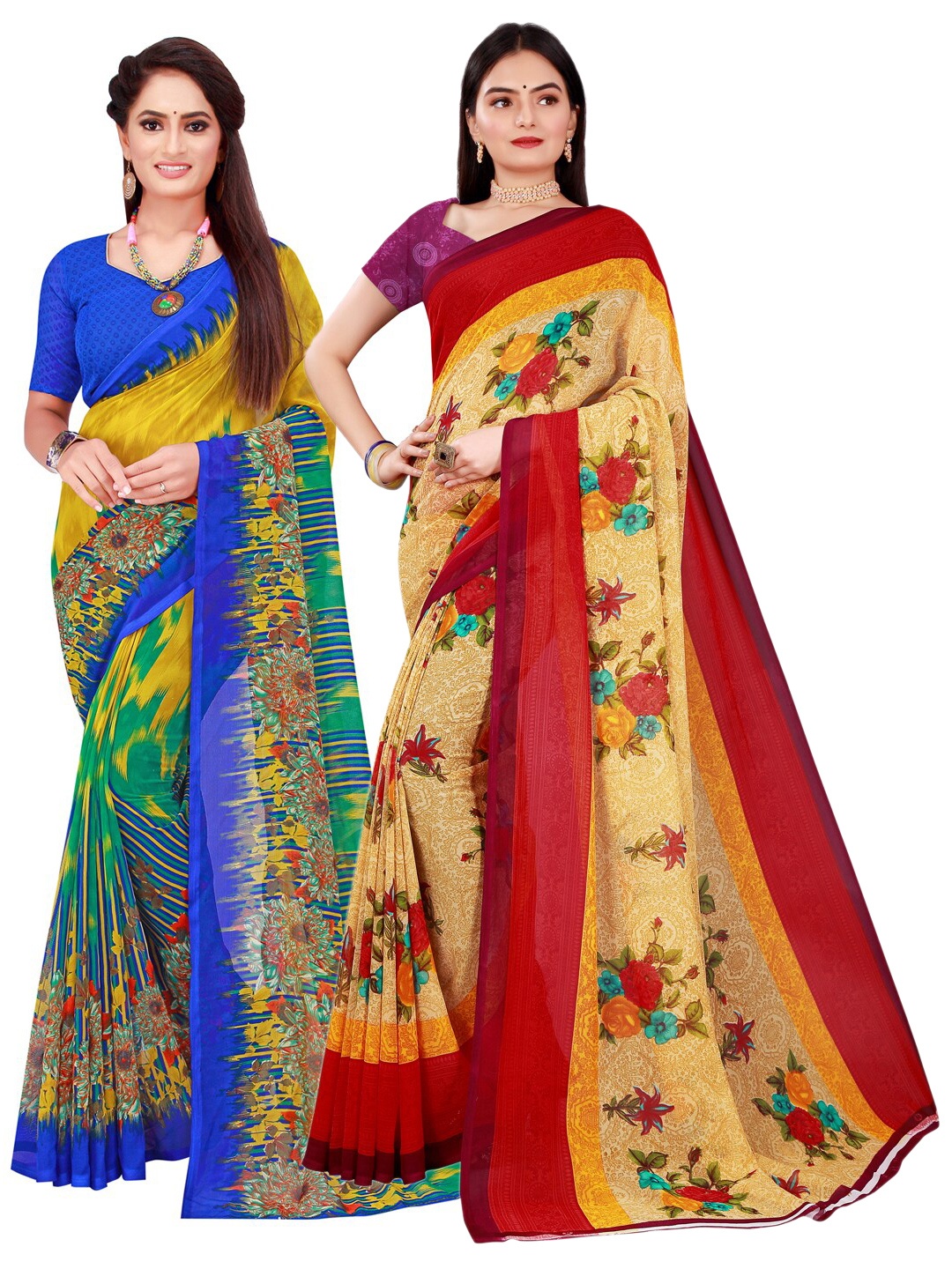 

KALINI Beige & Multicoloured Floral Pack Of 2 Pure Georgette Sarees