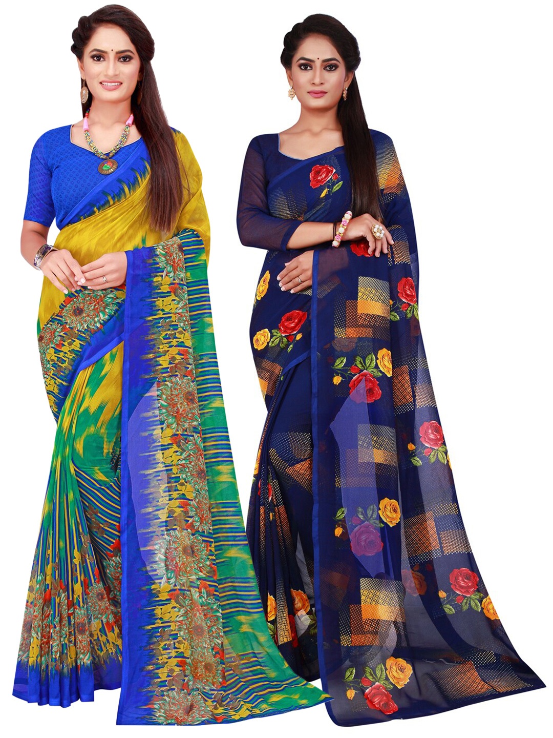 

KALINI Multicoloured & Navy Blue Floral Pack Of 2 Pure Georgette Sarees, Multi