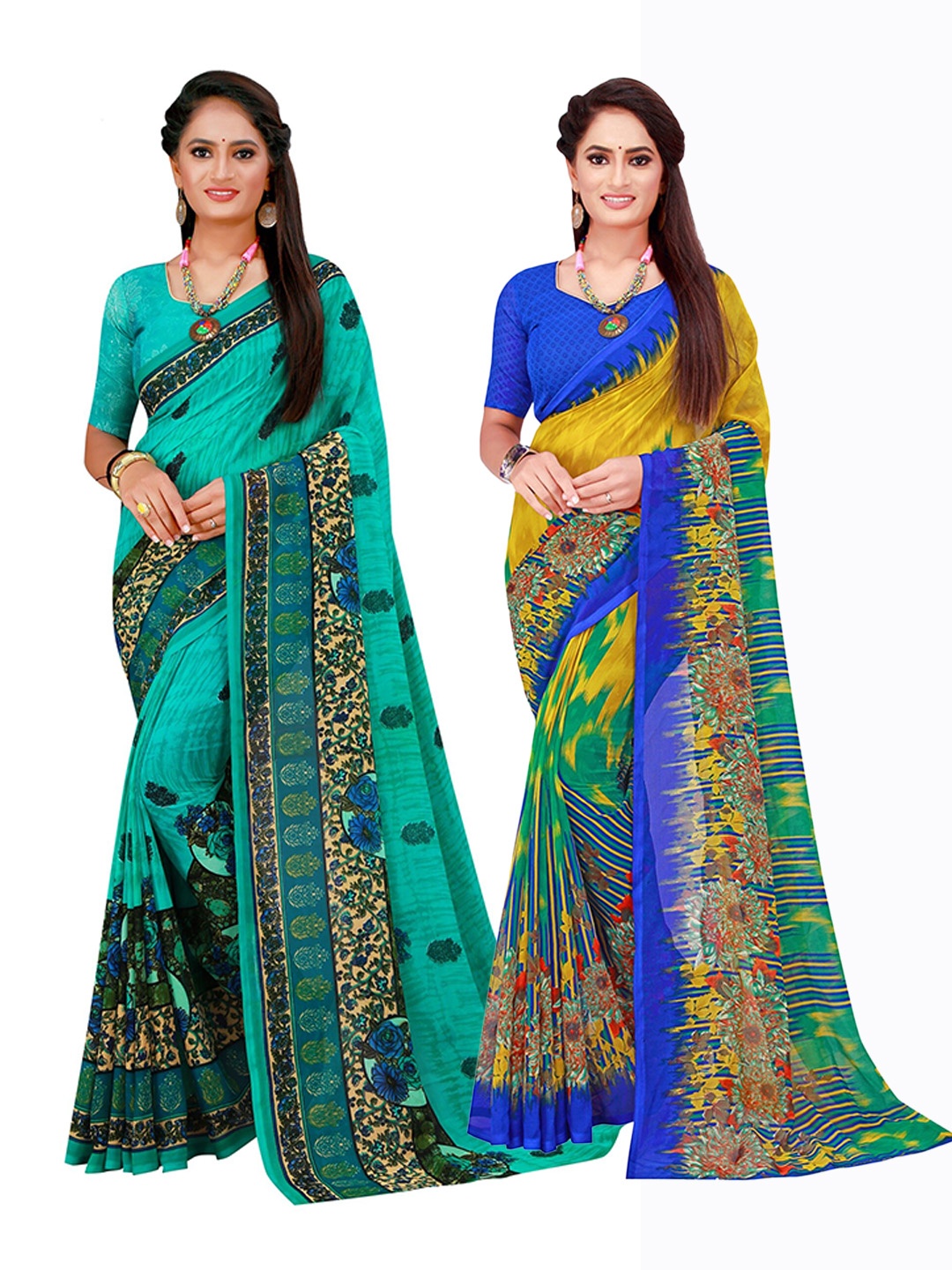 

KALINI Turquoise Blue & Multicoloured Pack of 2 Pure Georgette Sarees