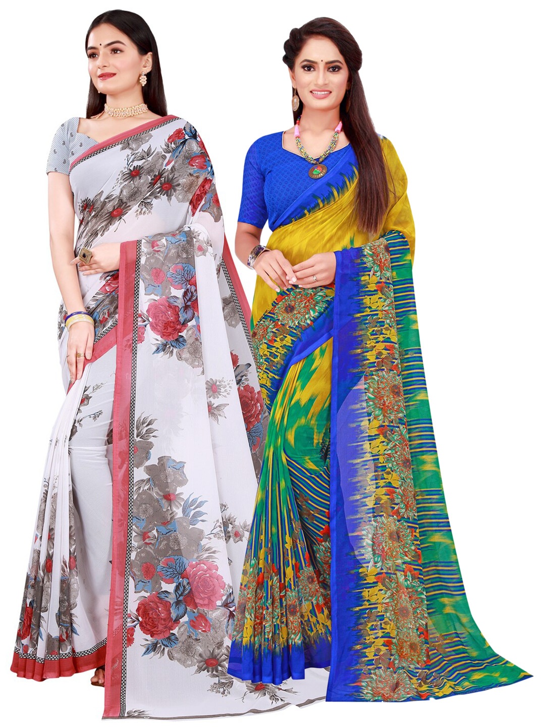 

KALINI White & Multicoloured Floral Pack Of 2 Pure Georgette Sarees