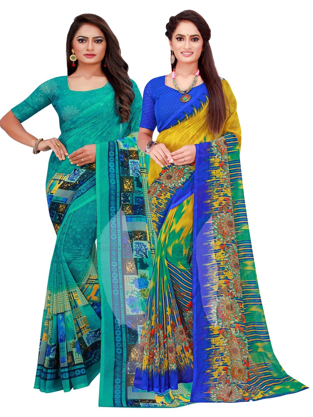 

KALINI Turquoise Blue & Multicoloured Pack Of 2 Pure Georgette Sarees