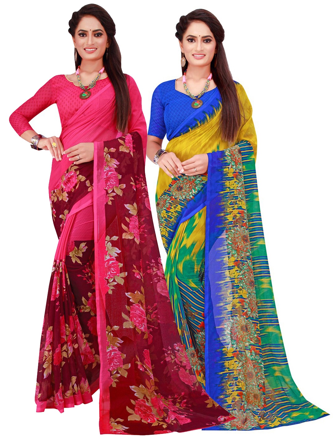 

KALINI Magenta & Multicoloured Floral Pack Of 2 Pure Georgette Sarees