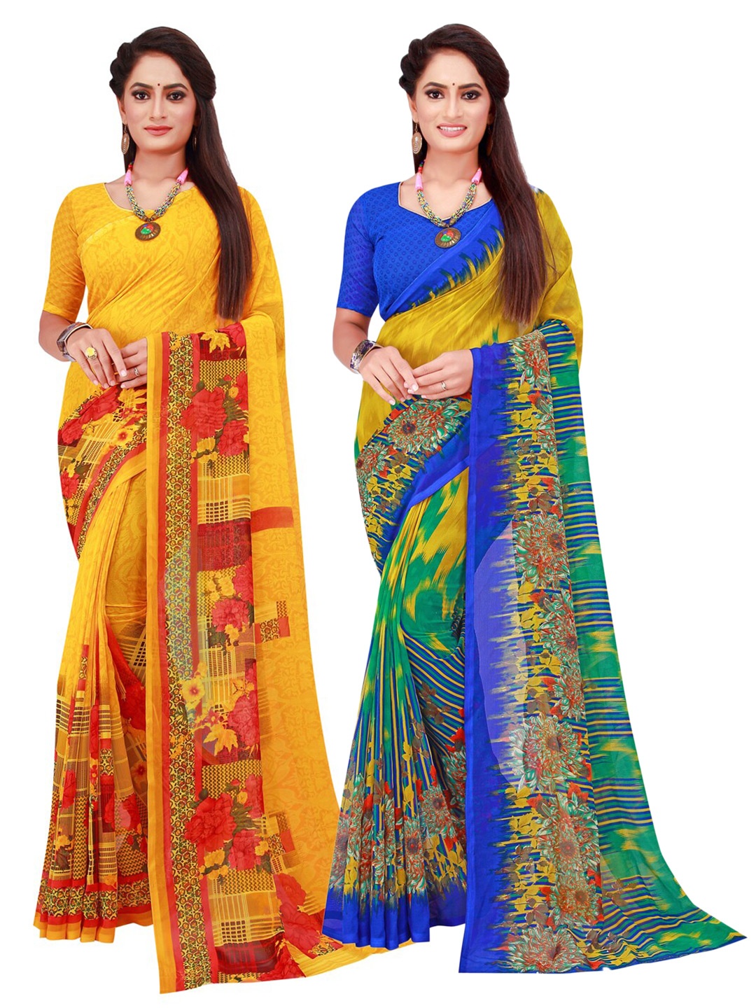 

KALINI Yellow & Multicoloured Pack Of 2 Pure Georgette Sarees