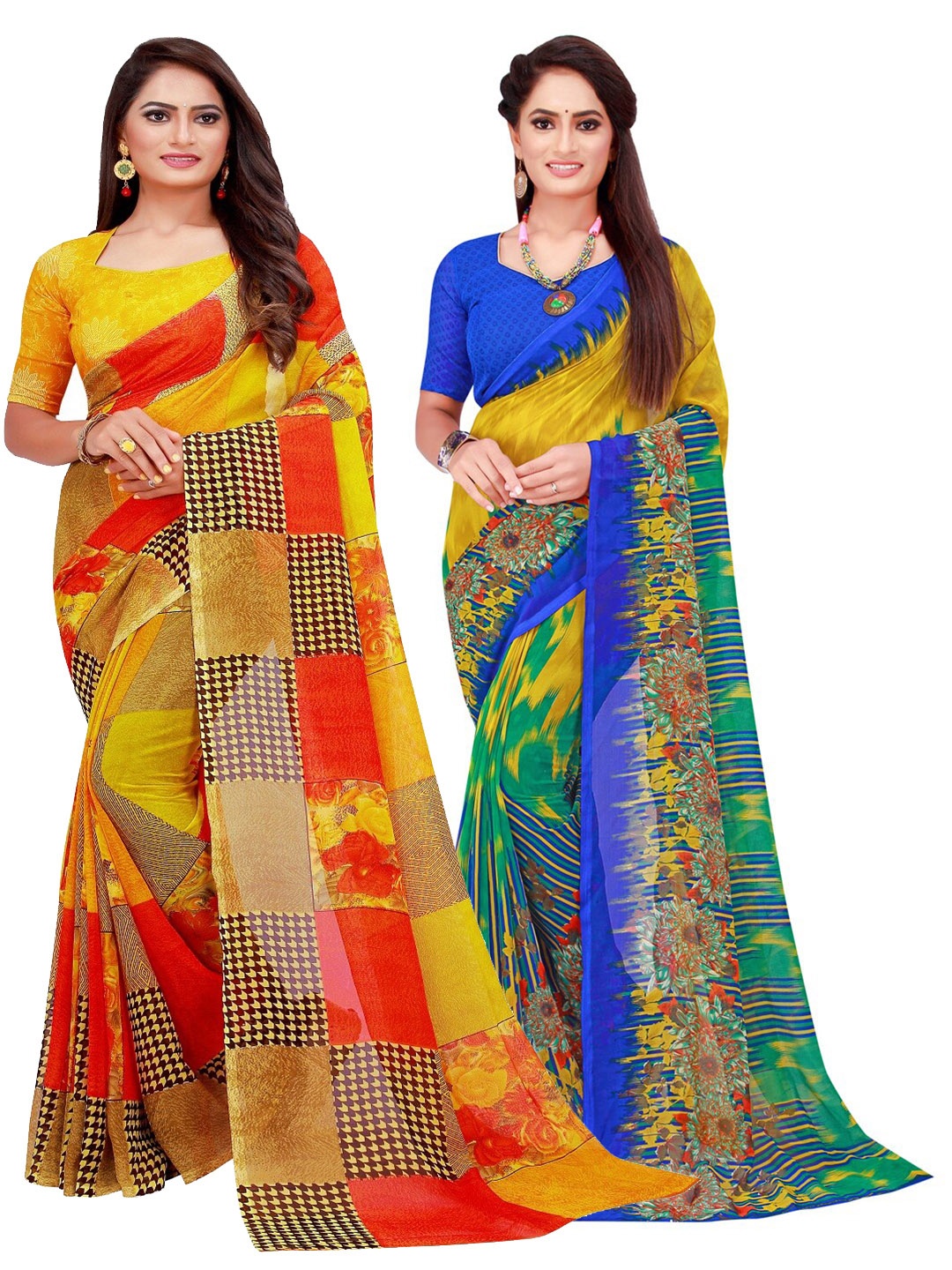 

KALINI Yellow & Multicoloured Pack Of 2 Pure Georgette Sarees