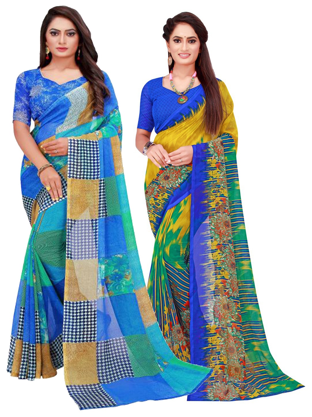 

KALINI Blue & Multicoloured Pack Of 2 Pure Georgette Sarees