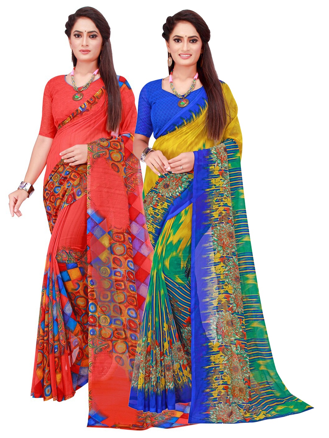 

KALINI Red & Multicoloured Pack Of 2 Pure Georgette Sarees