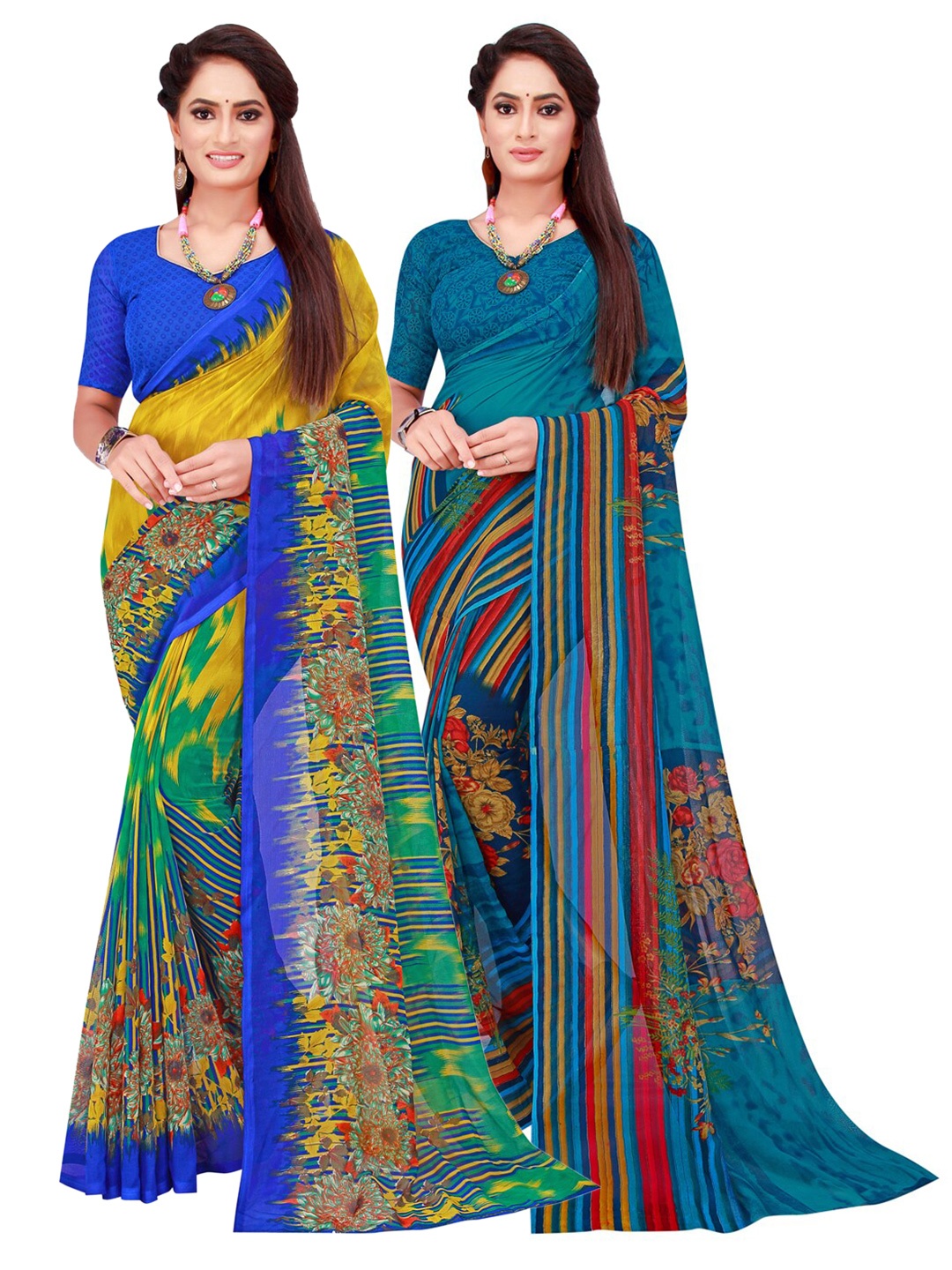 

KALINI Blue & Multicoloured Pack Of 2 Pure Georgette Sarees