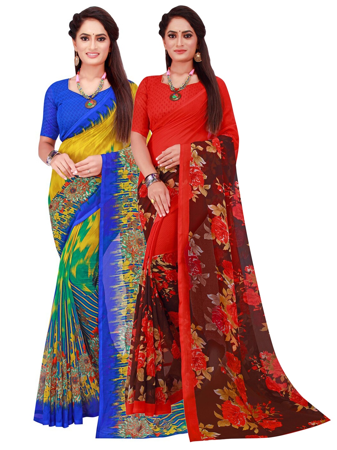 

KALINI Multicoloured & Red Floral Pack Of 2 Pure Georgette Sarees, Multi