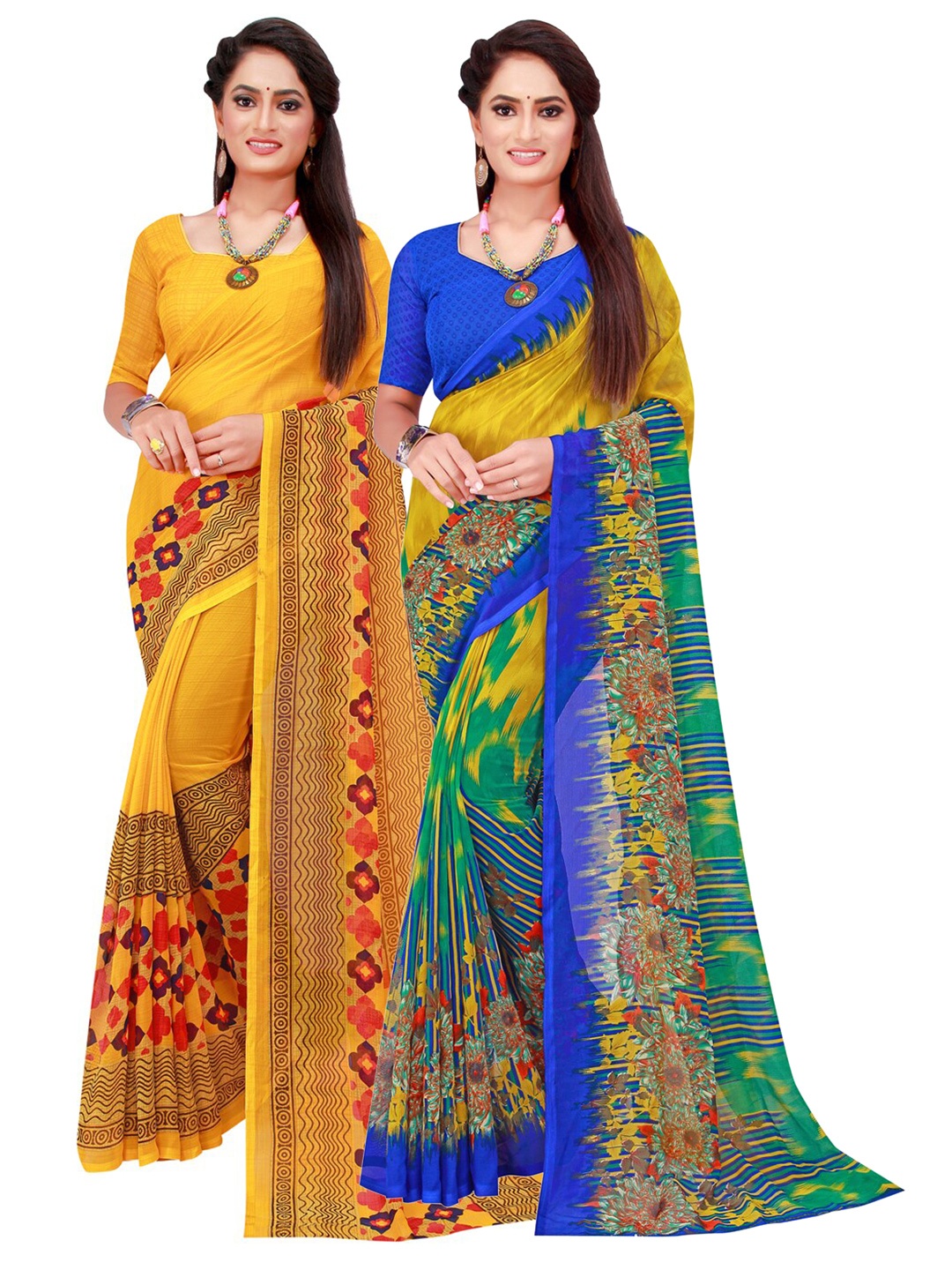 

KALINI Yellow & Multicoloured Pack Of 2 Pure Georgette Sarees