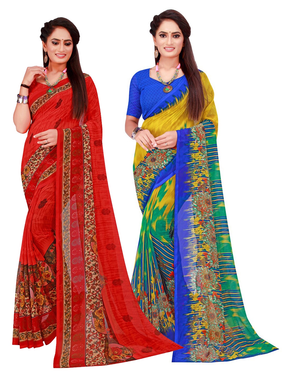 

KALINI Red & Multicoloured Pack Of 2 sPure Georgette Saree