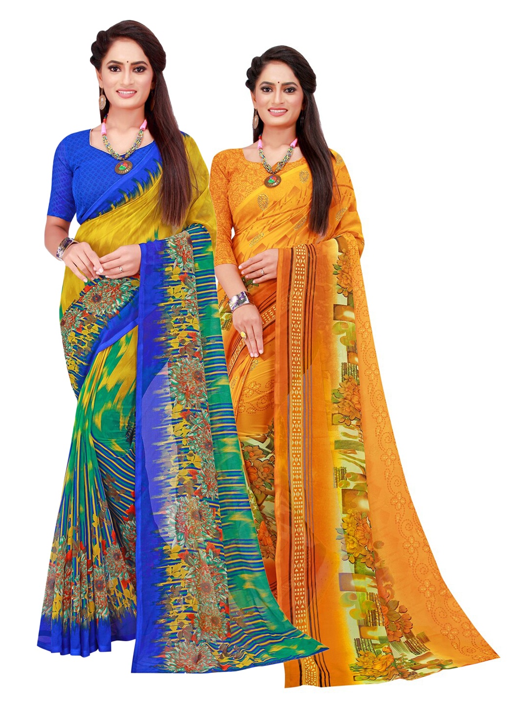 

KALINI Yellow & Multicoloured Pack Of 2 Pure Georgette Sarees