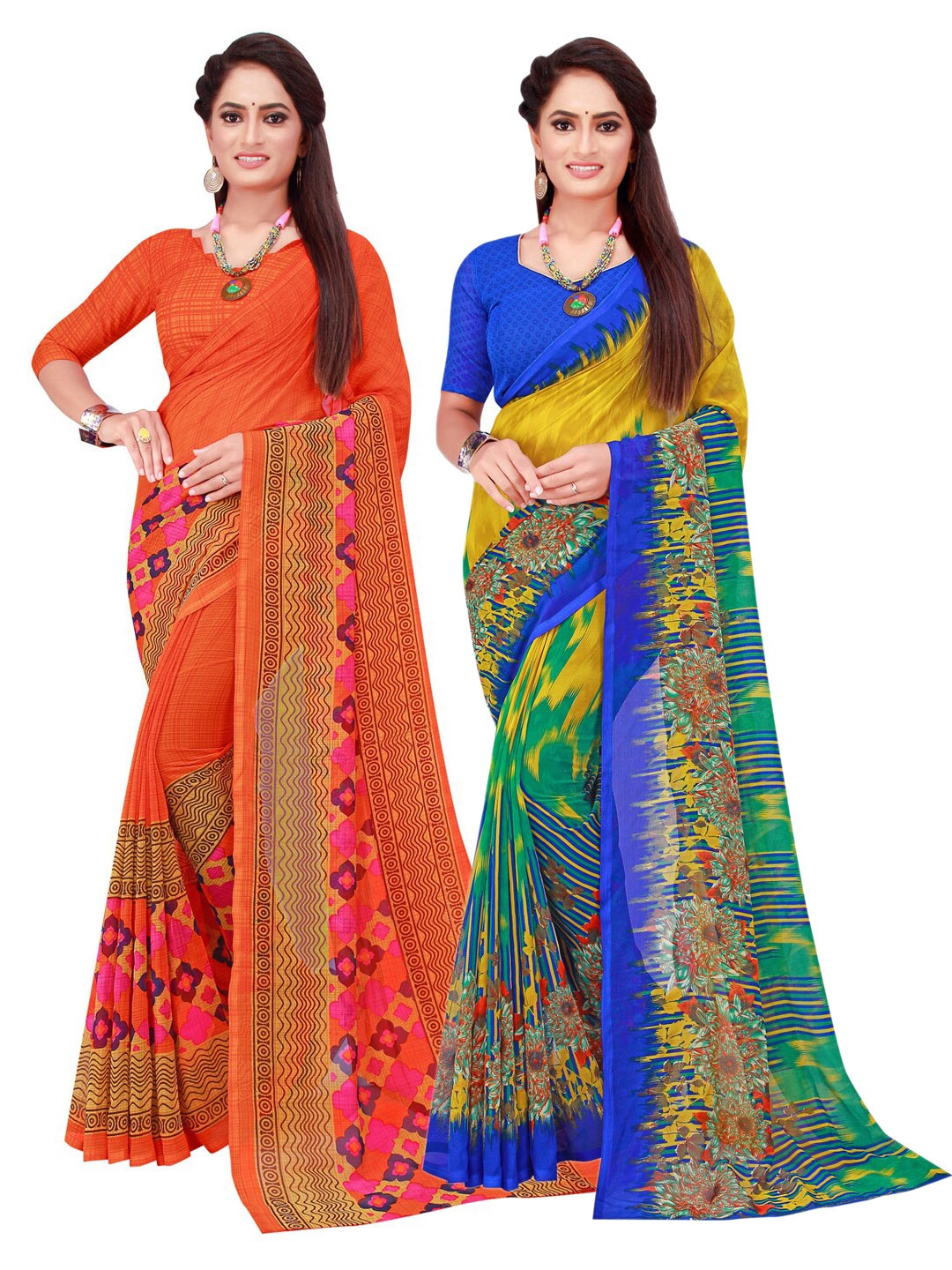 

KALINI Orange & Multicoloured Pack Of 2 Pure Georgette Sarees