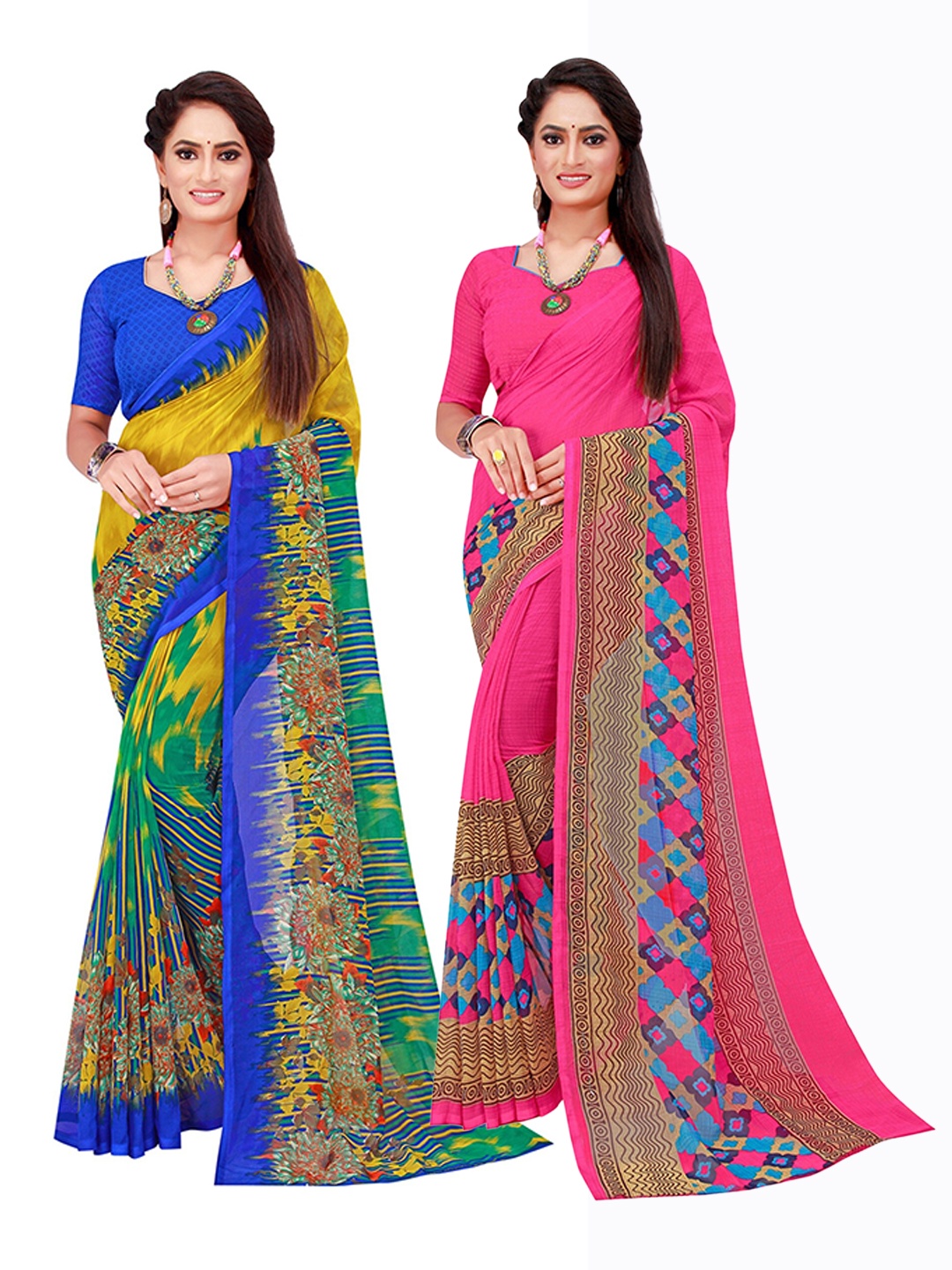

KALINI Magenta & Yellow Pack Of 2 Pure Georgette Sarees