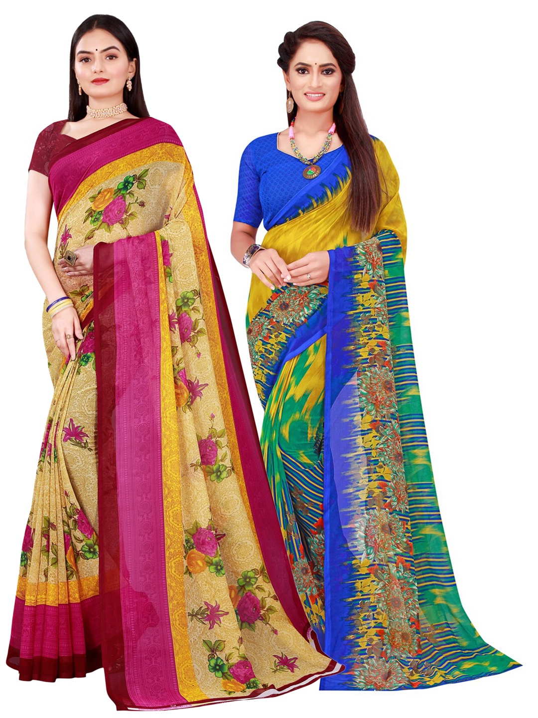 

KALINI Beige & Multicoloured Floral Pack of 2 Pure Georgette Sarees