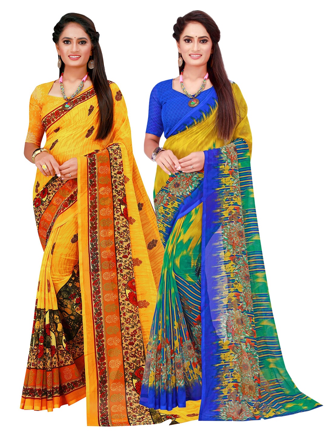 

KALINI Blue & Yellow Pack Of 2 Pure Georgette Sarees, Multi