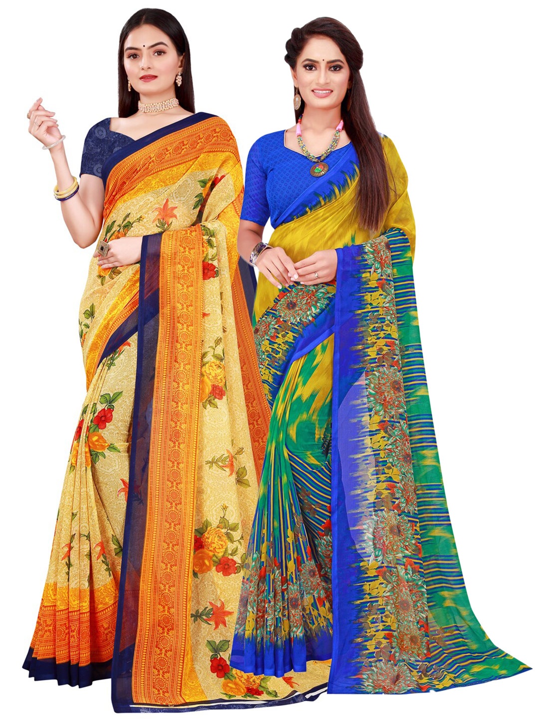 

KALINI Beige & Multicoloured Floral Pack Of 2 Pure Georgette Sarees