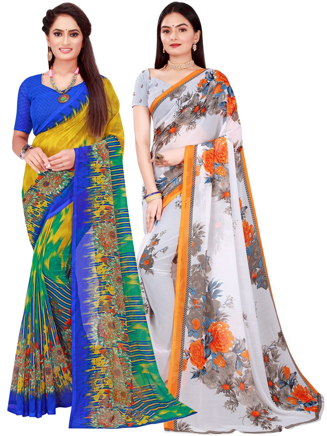 

KALINI White & Multicoloured Floral Pack Of 2 Pure Georgette Sarees