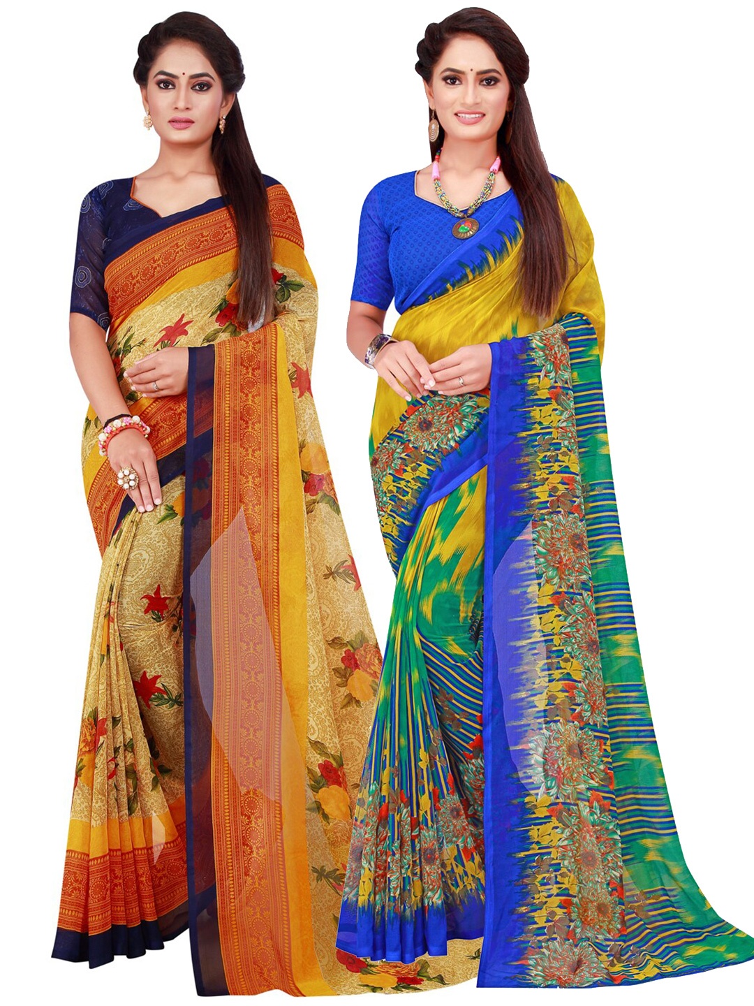 

KALINI Beige & Multicoloured Floral Pack Of 2 Pure Georgette Sarees