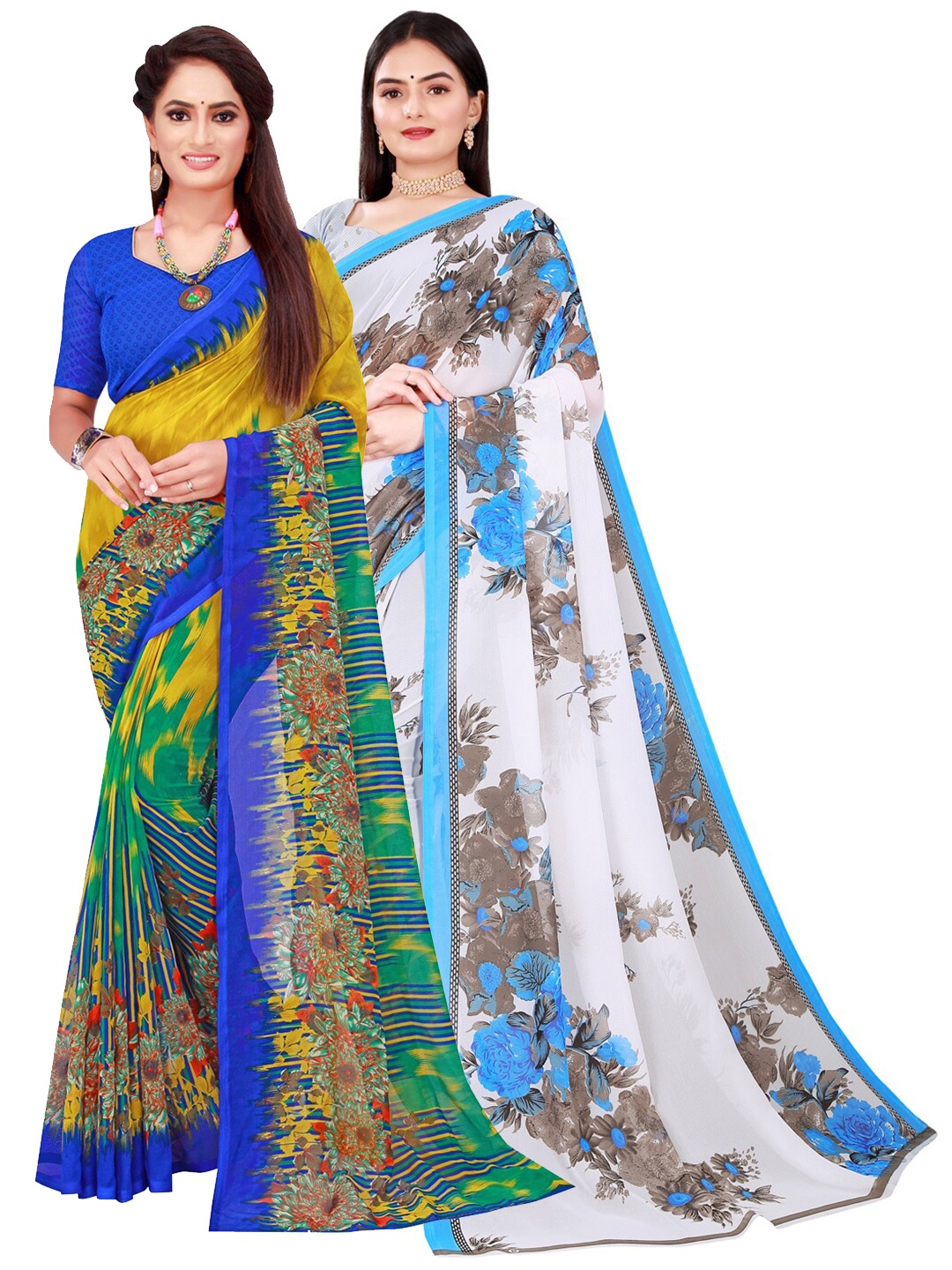 

KALINI Multicoloured & White Floral Pack Of 2 Pure Georgette Sarees, Multi