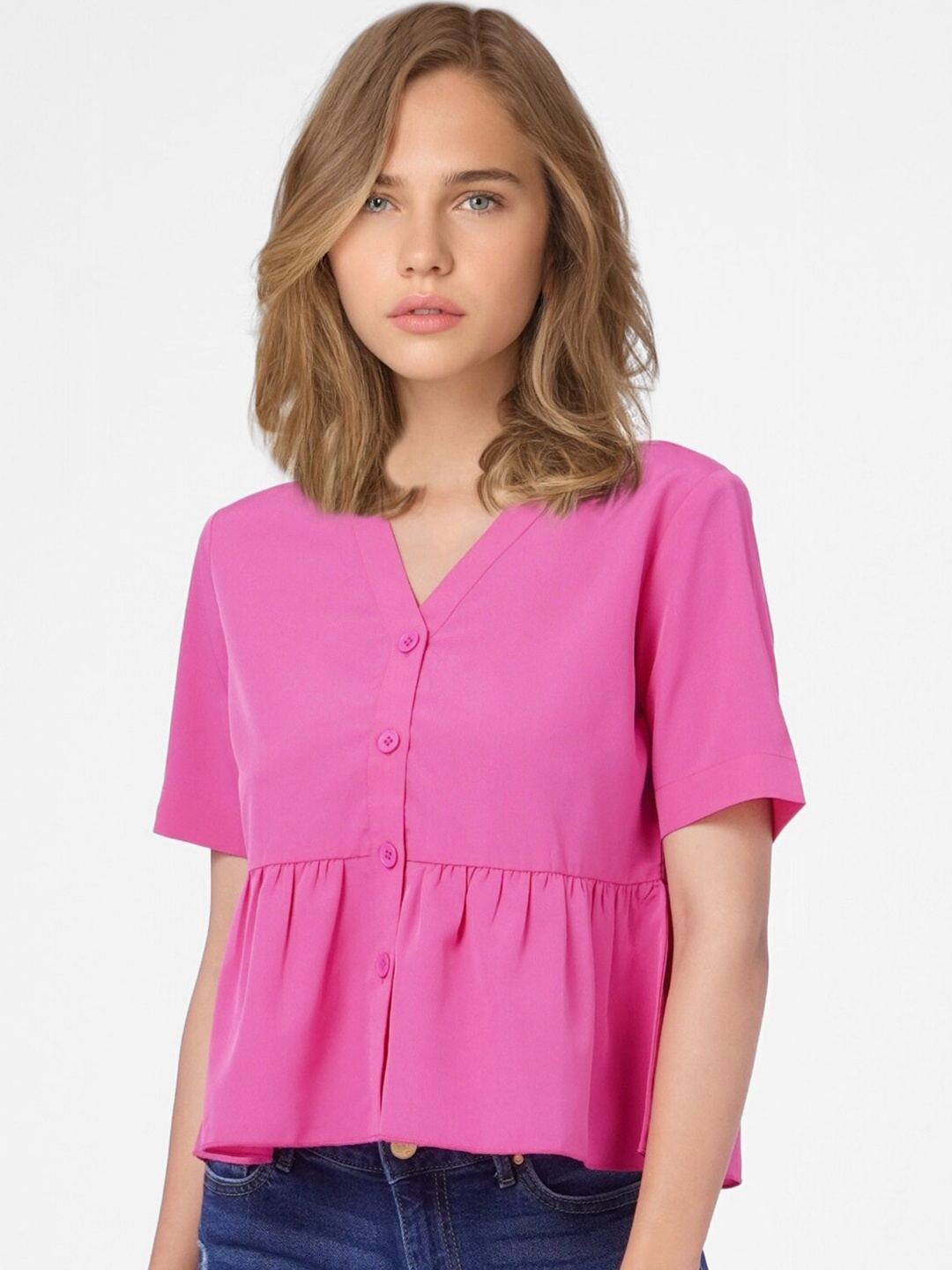 

ONLY Women Pink Solid V-neck Empire Top