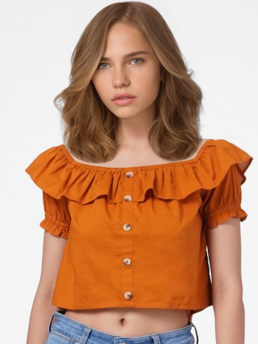 

ONLY Women Orange Ruffle Crop Top