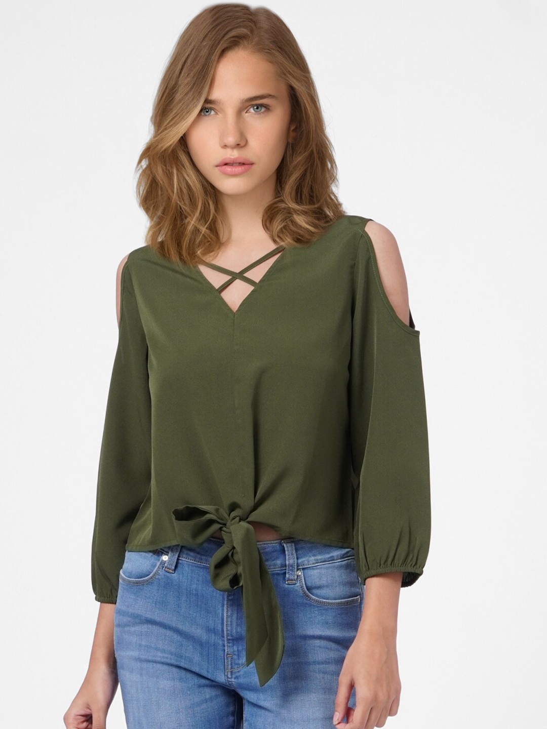 

ONLY Olive Green Waist Tie-up Top