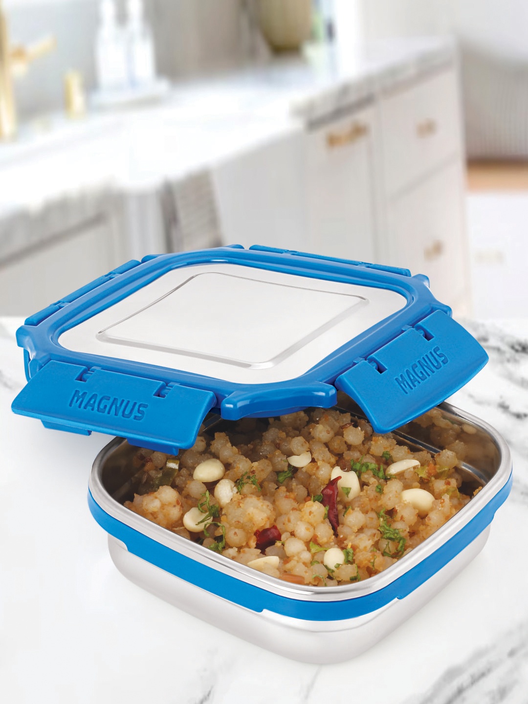 

MAGNUS Silver-Coloured & Blue Solid Stainless Steel Lunch Box 300 ML