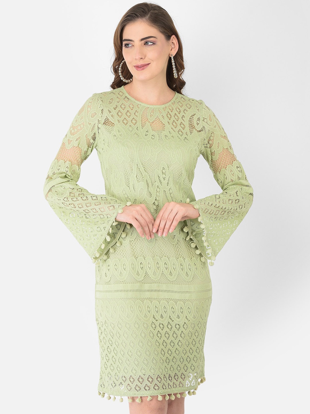 

Eavan Women Green Self Design Round Neck Lace Cotton Sheath Dress