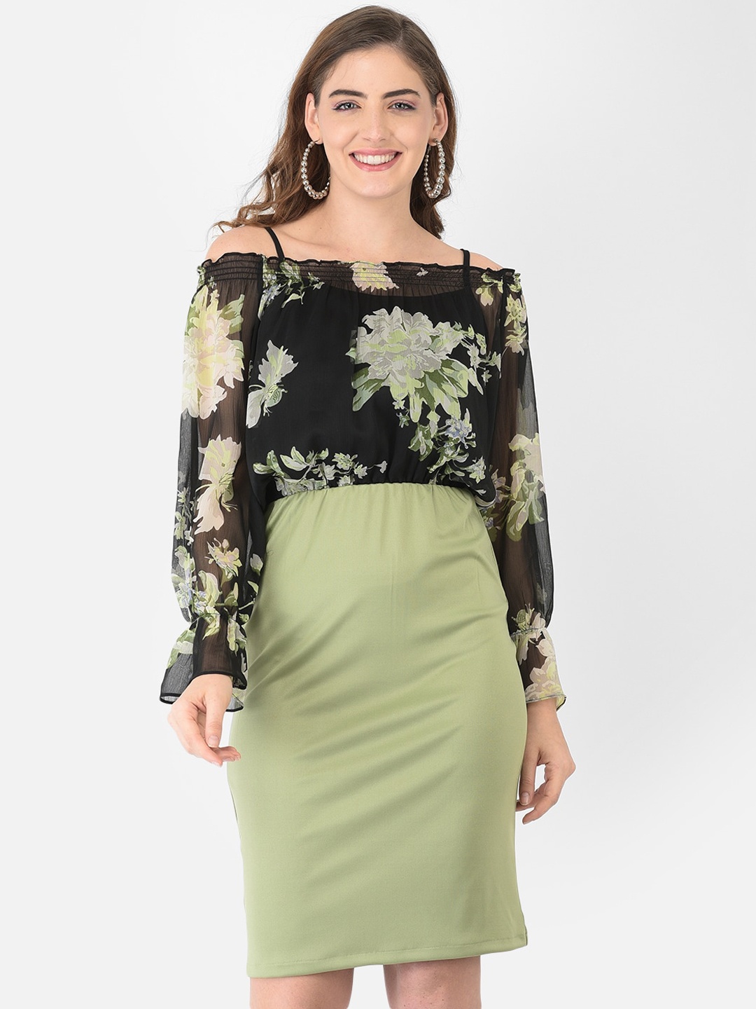 

Eavan Black & Green Floral Off-Shoulder Chiffon Sheath Dress