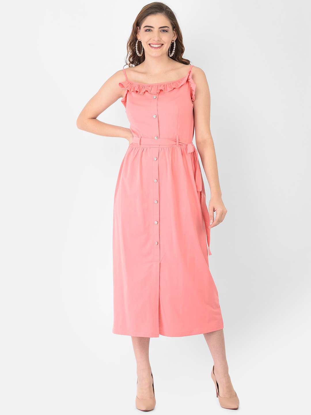

Eavan Peach-Coloured Solid Shoulder Straps Midi Dress