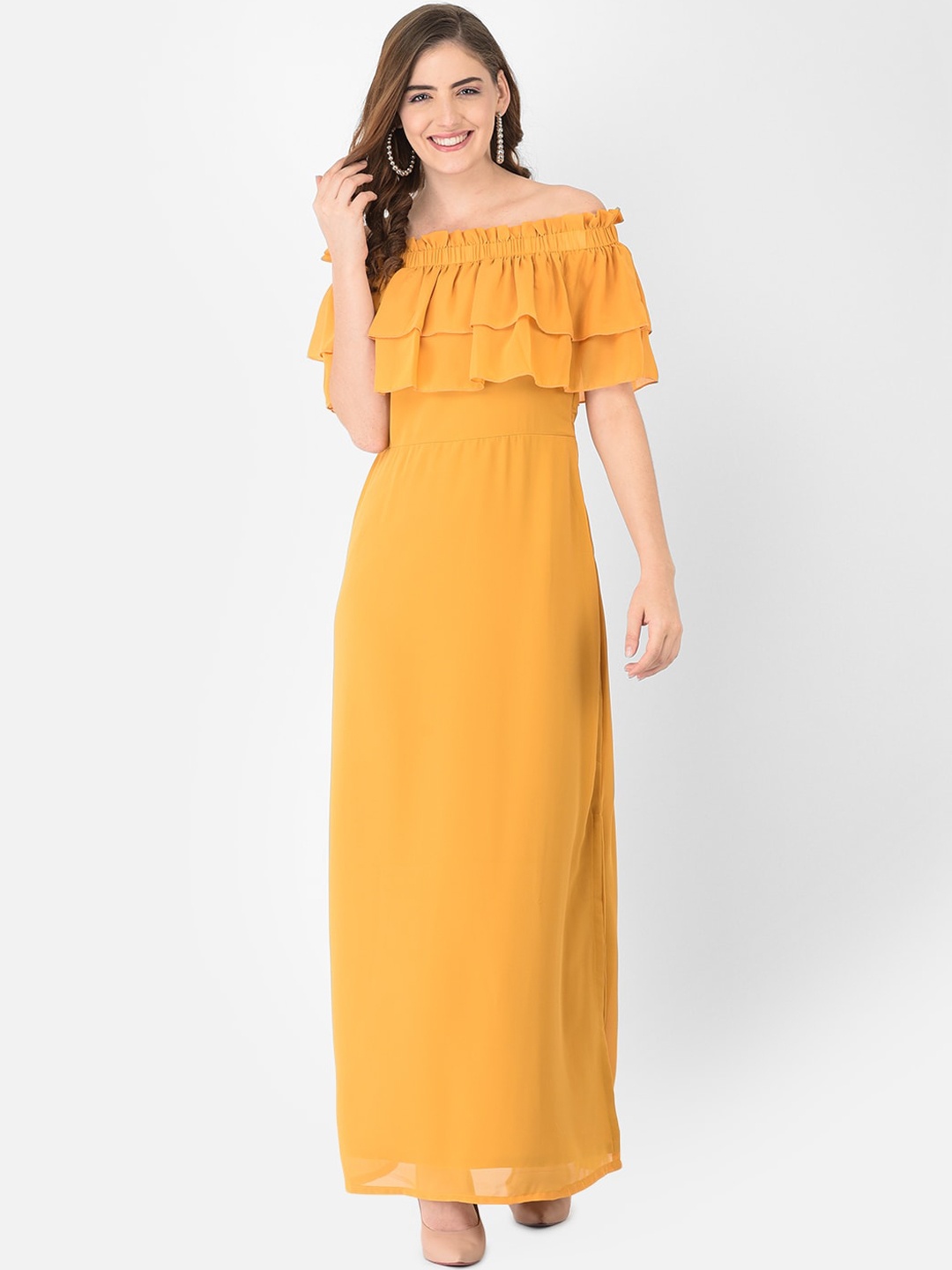 

Eavan Women Mustard Yellow Off-Shoulder Georgette Maxi Dress