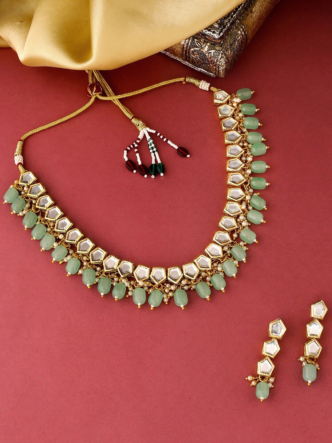 

VIRAASI Gold-Plated White & Green Kundan-Studded Jewellery Set