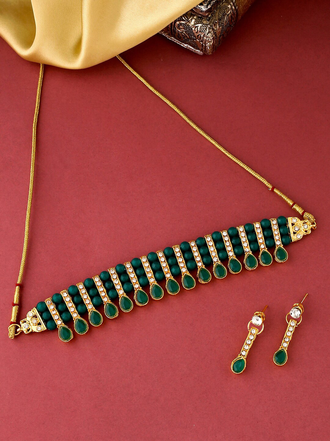 

VIRAASI Gold-Plated Green & White Stone Studded Jewellery Set