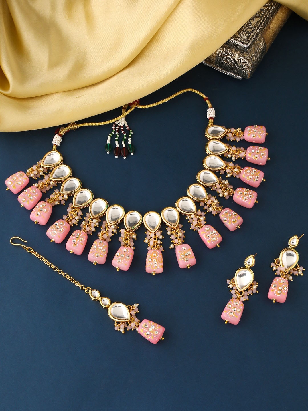 

VIRAASI Gold-Plated Pink & White Kundan Studded & beaded Handcrafted Jewellery Set