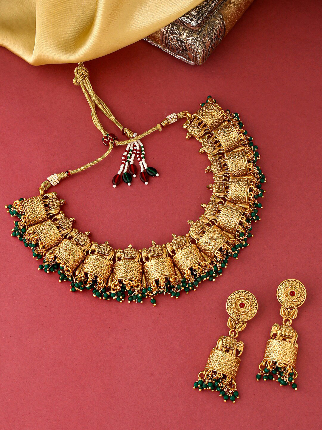 

VIRAASI Gold-Plated & Green Elephant Design Jewellery Set