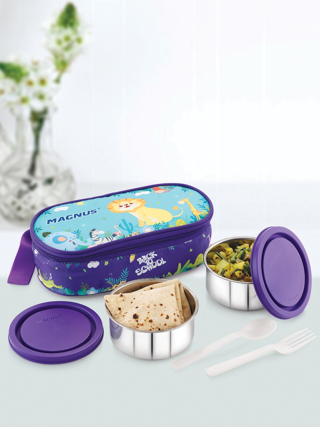 

MAGNUS Blue & Silver-Toned Printed Airtight & Leakproof Lunch Box With Bag