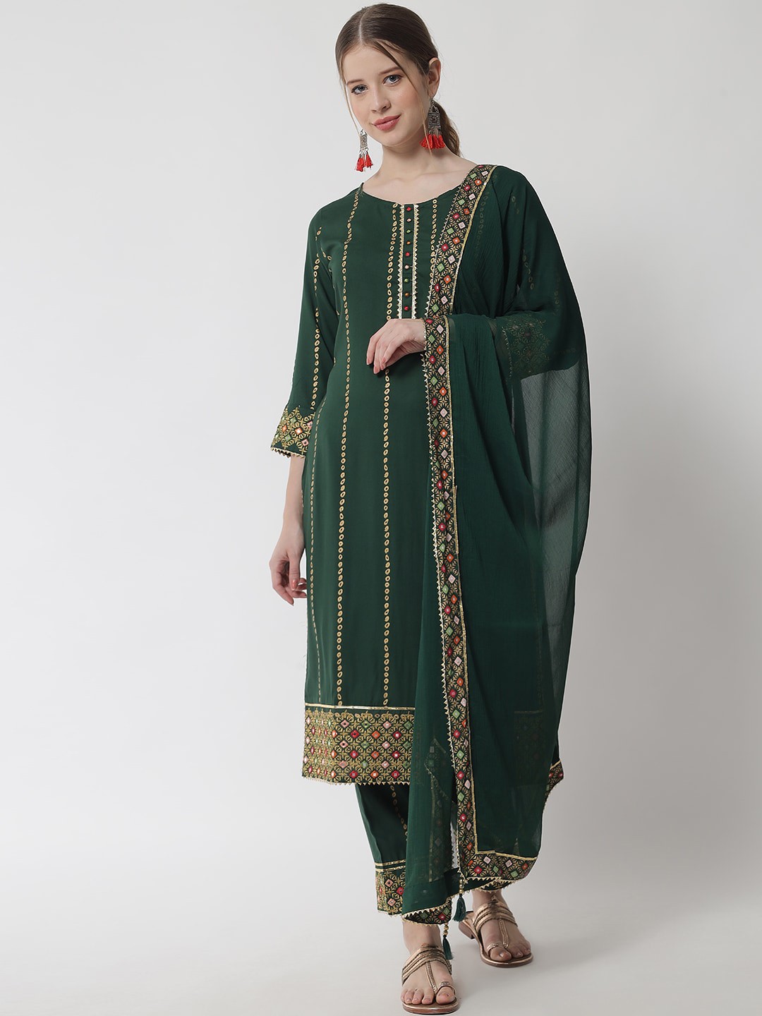 

IkDaiya Women Green Ethnic Motifs Embroidered Panelled Kurta with Trousers & With Dupatta