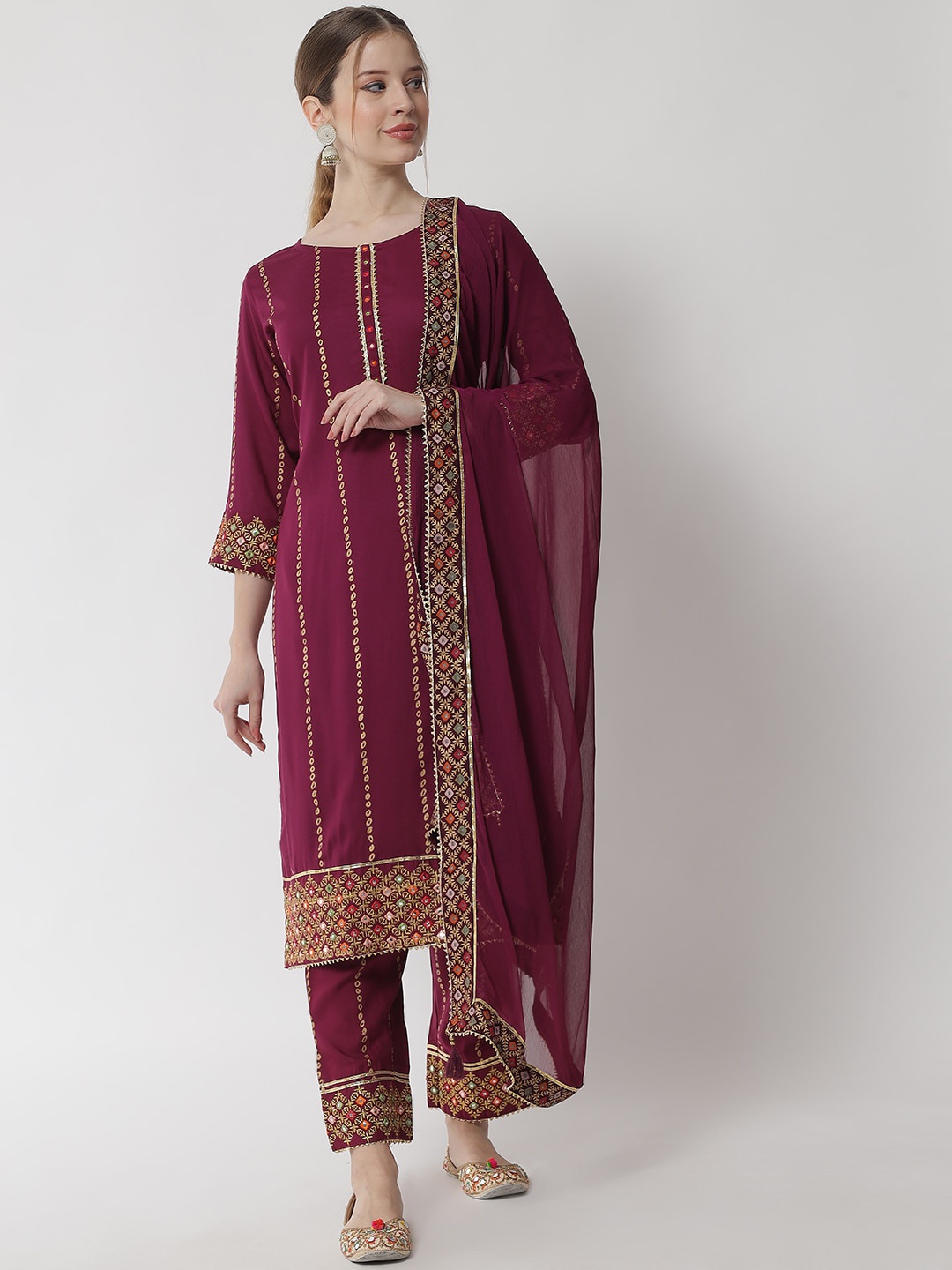 

IkDaiya Women Magenta Bandhani Printed Kurta with Palazzos & With Dupatta