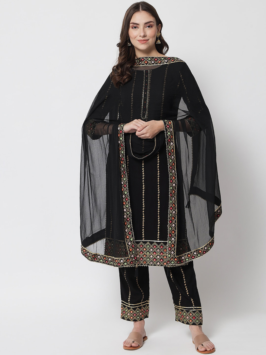 

IkDaiya Women Black Ethnic Motifs Printed Kurta with Trousers & With Dupatta