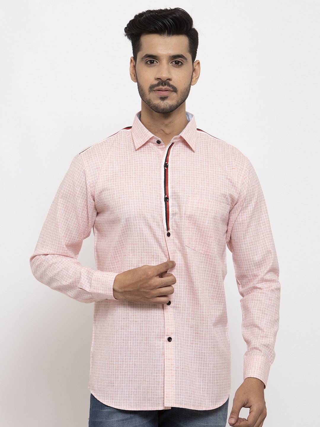 

KLOTTHE Men Pink Grid Tattersall Checks Striped Casual Shirt