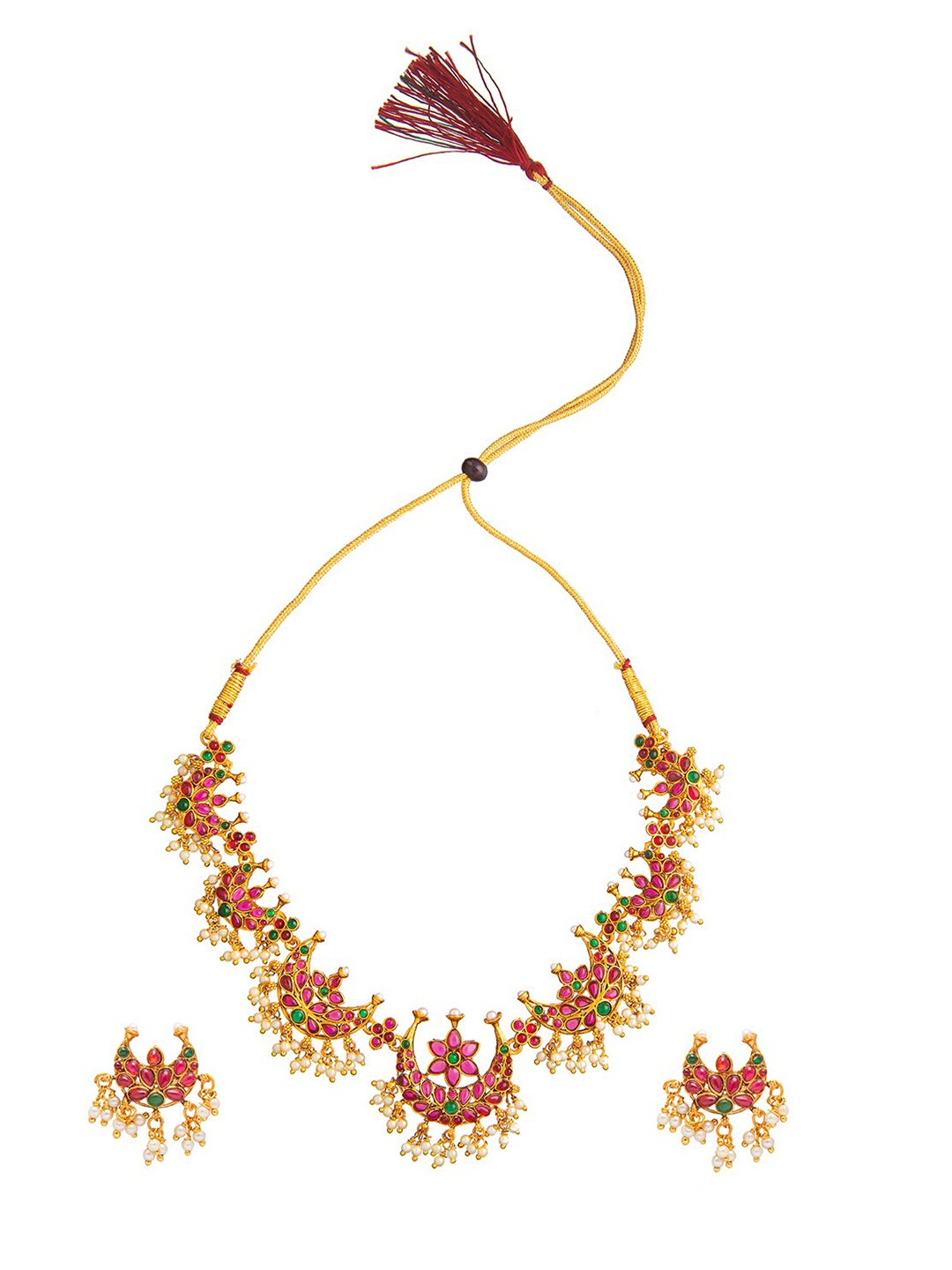 

Shining Jewel - By Shivansh Gold-Plated Pink & White CZ Studded & Beaded Brass Necklace