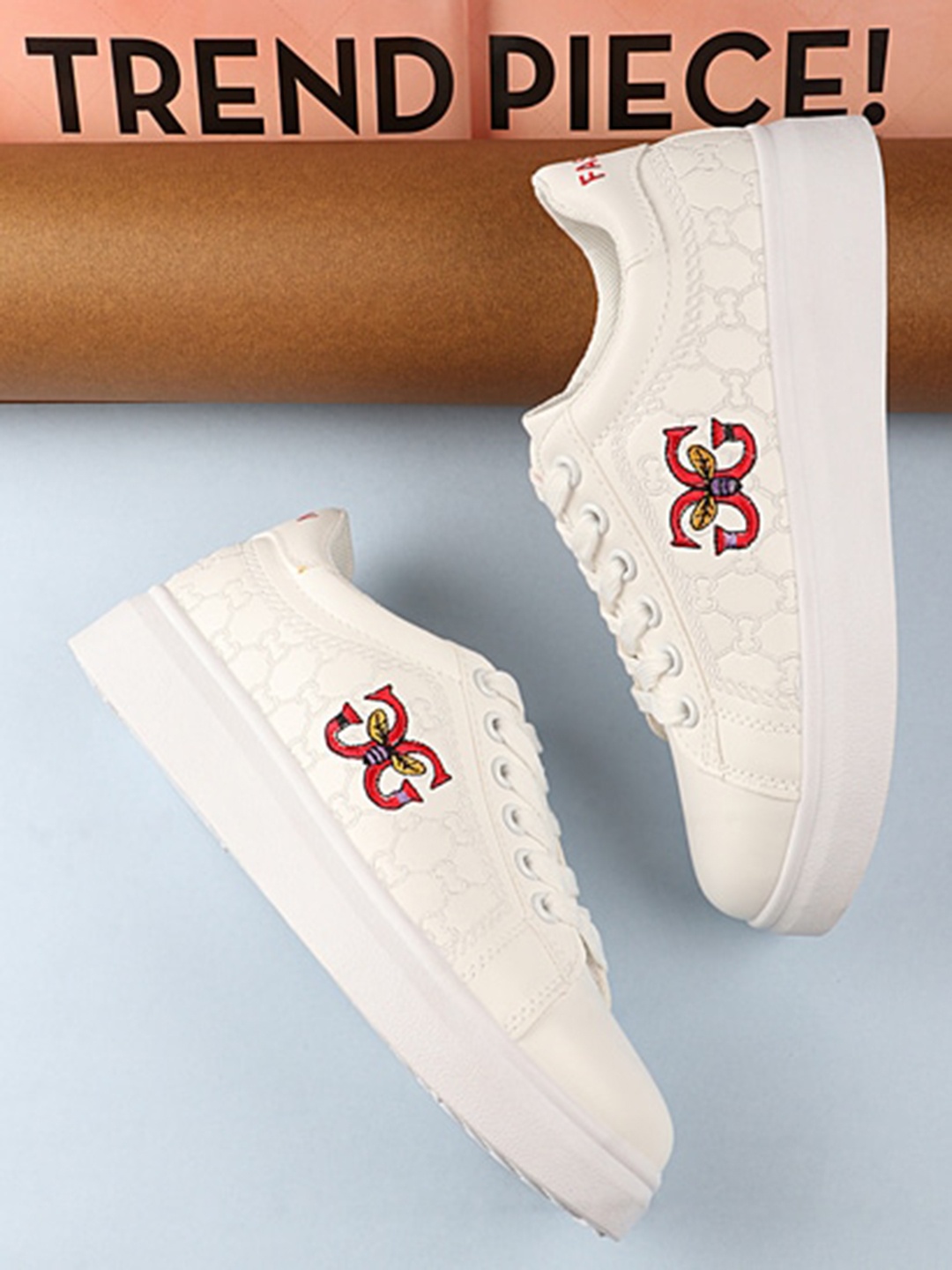 

THE WHITE POLE Women White & Red Woven Design Patent Leather Sneakers