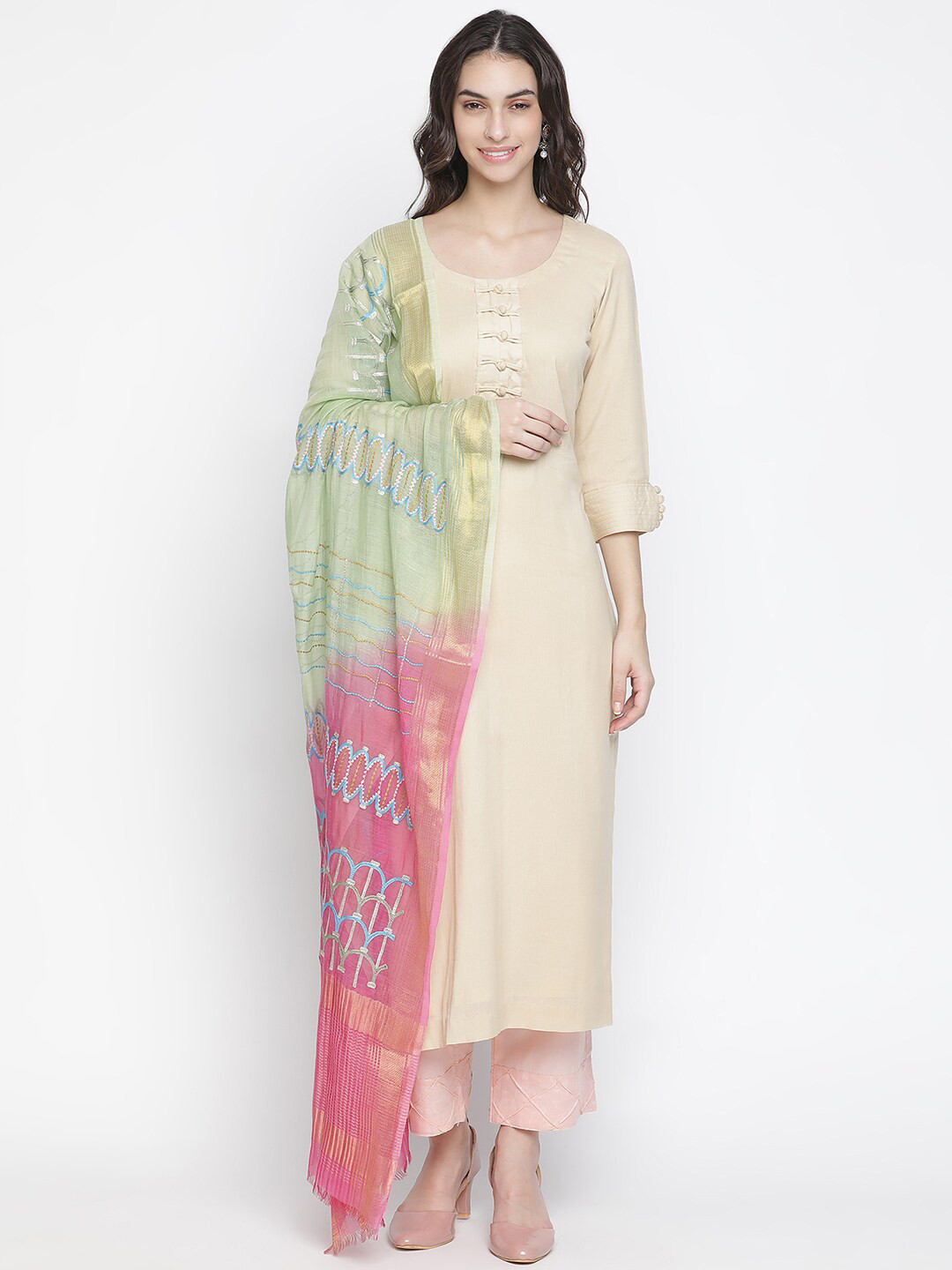 

SHINGORA Beige & Pink Unstitched Dress Material