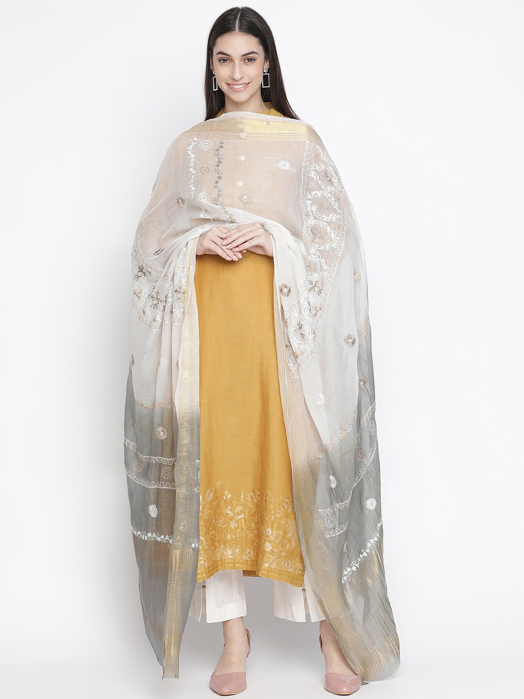 

SHINGORA Gold-Toned & White Woven Design Unstitched Dress Material