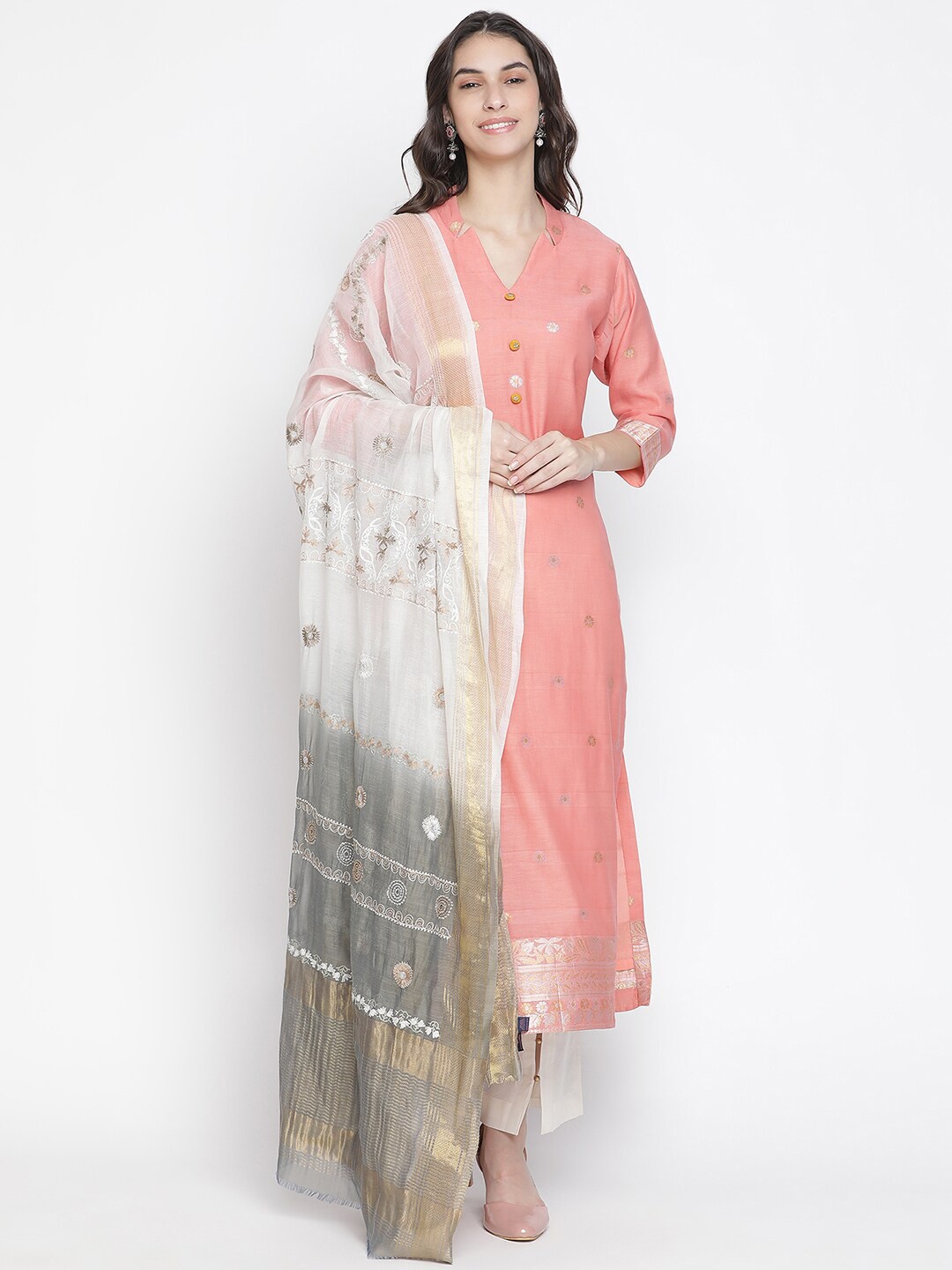 

SHINGORA Peach-Coloured & White Woven Design Unstitched Dress Material