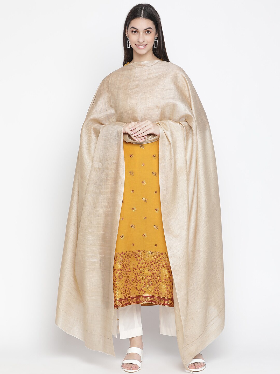 

SHINGORA Gold-Toned & Beige Woven Design Unstitched Dress Material